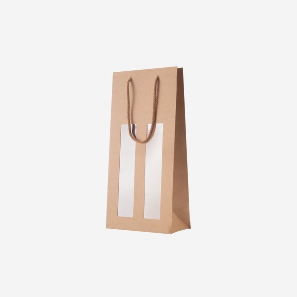 Bottle carrier bag, brown, 2 window, 185/90/380