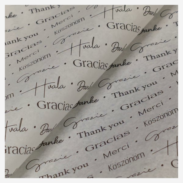 Wrapping paper printed, "Thank you"