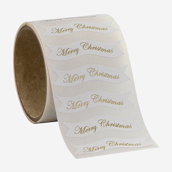 label white, lettering "Merry Christmas"
