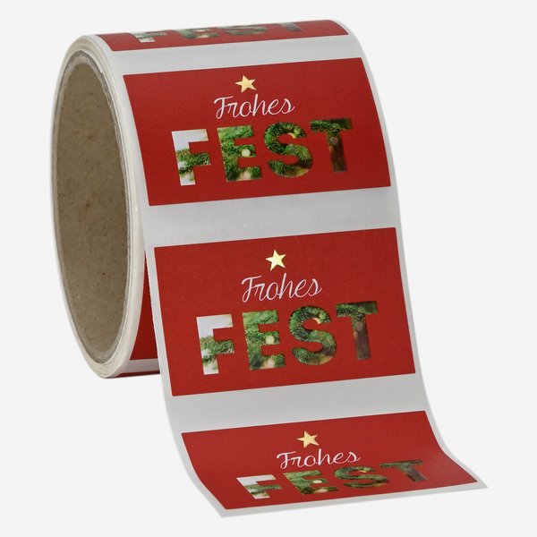 Label red, "Frohes Fest", 37x63mm